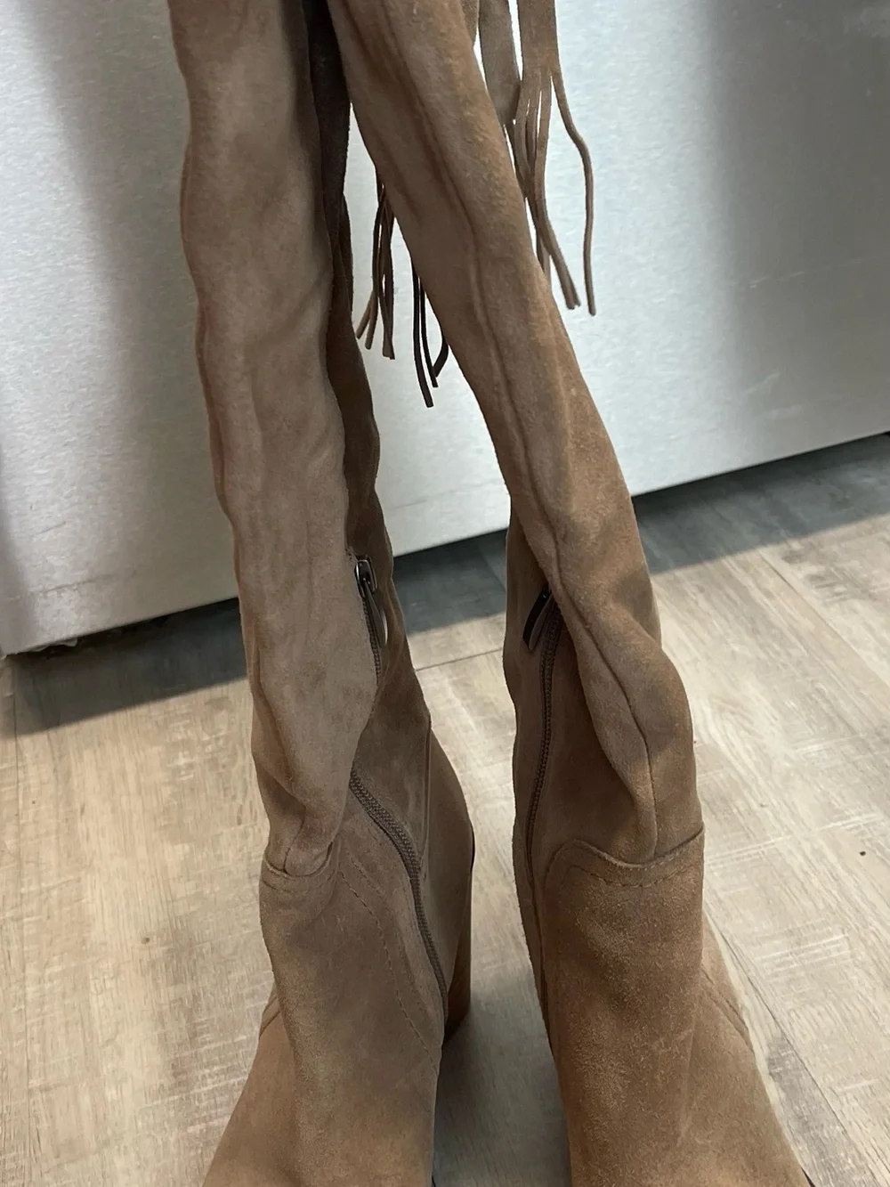 Franco Sarto Taupe Suede Over-the-Knee Fringe Boots